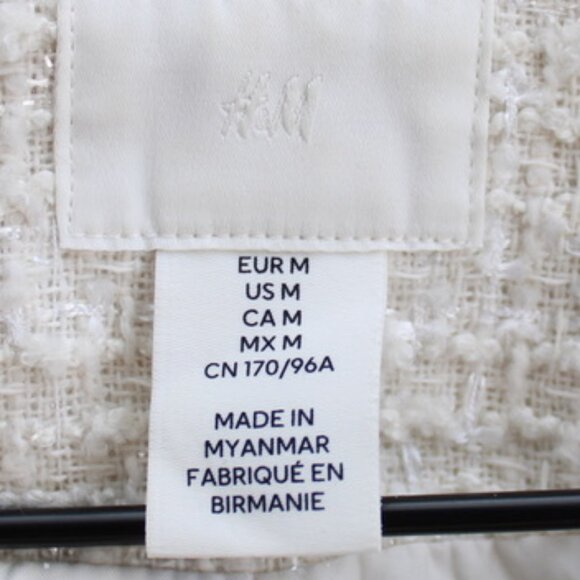 H&M Women's Cream Rhinestone Pearl Buttons Tweed Cropped Jacket Blazer Medium - Picture 3 of 5